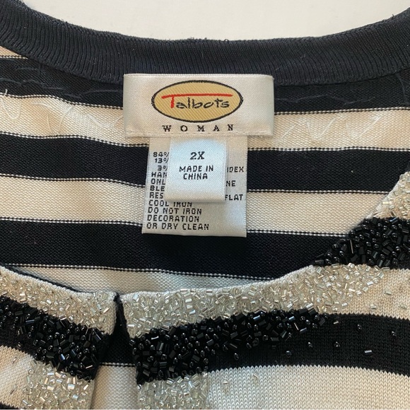Talbots Sweater Women's 2X Cream Black Striped Neckline Beaded Detail Elegant - Picture 3 of 8